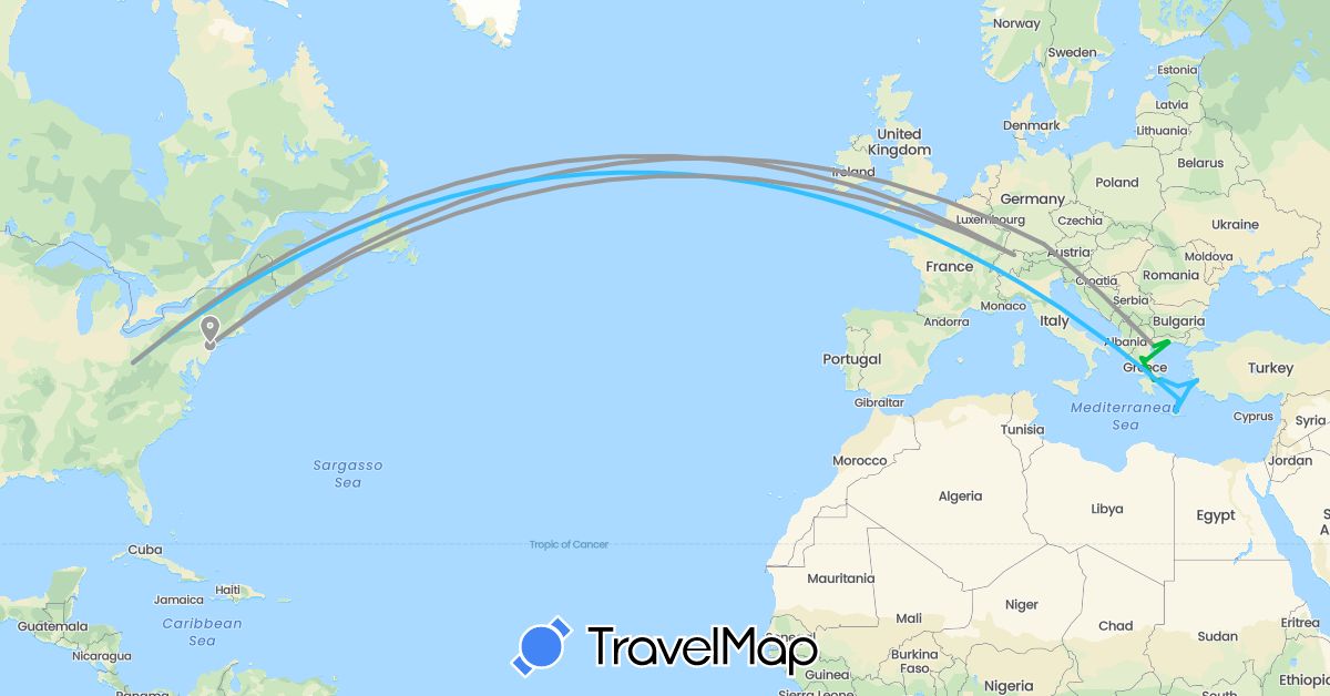 TravelMap itinerary: driving, bus, plane, boat in Switzerland, Germany, Greece, Turkey, United States (Asia, Europe, North America)